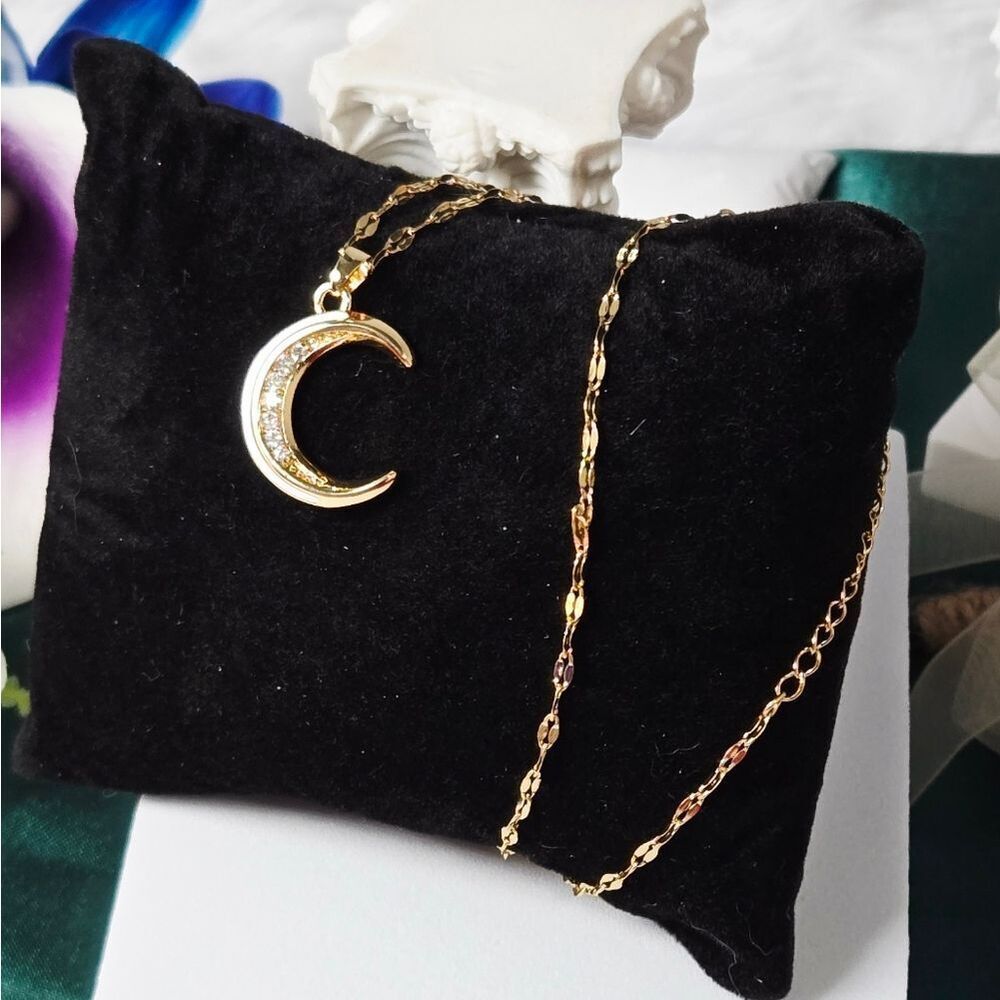 Gold Crescent Moon CZ Pendant 18K Gold Plated Clavicle Necklace Celestial Mystic